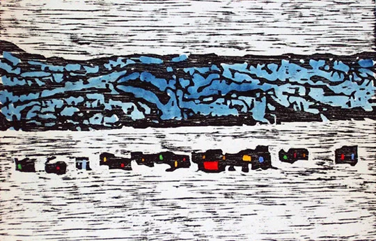 Pêche blanche au Saguenay, woodcut and watercolor, 11" x 17", $185