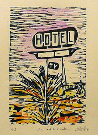 Au bout de la route (3/8), woodcut and watercolor, 14" x 11" framed
