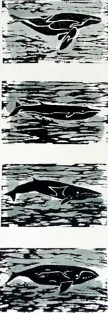 Prowling Whales (8/10), woodcut and watercolor, 20¼" x 10¼" framed