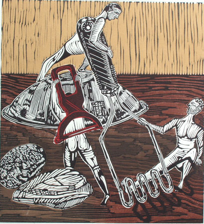 The Mashing, multi-block linoleum print, 15 3/4" x 14 3/4" sheet size