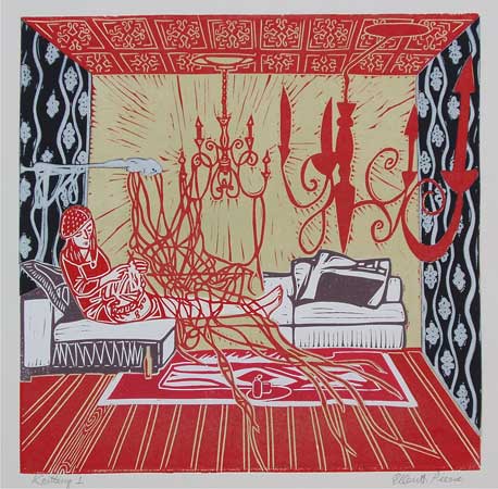 Knitting 1, collaged linoleum print, variable edition, 21" x 21" framed