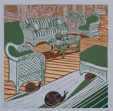 The Bourgeoisie Gone Awry #1 (V/E #6), collaged linoleum print, variable edition, 16" x 15" sheet size, $350