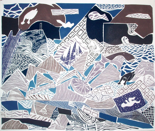 Ice Breaker, multi-block linoleum print, 21" x 26" sheet size