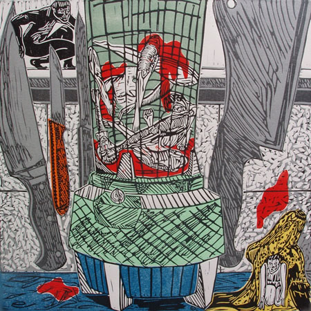 Blending In, multi-block linoleum print, 15 1/2" x 15" sheet size