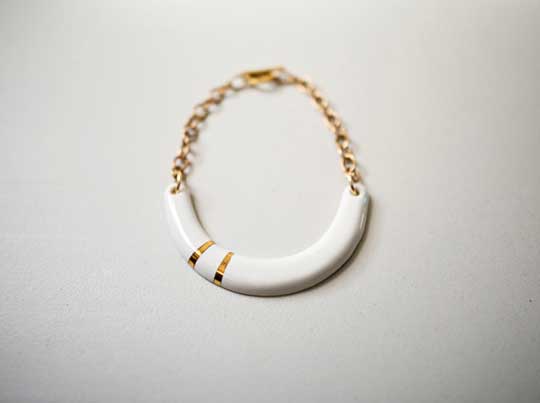 Crescent Necklace, porcelain, 22k gold, 14k gold fill chain, $285