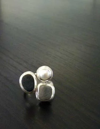 Double beach stone ring, beach stone, freshwater pearl, sterling silver