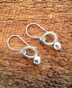 Hammered Circle, Bezel Set Topaz Earrings , sterling silver, 5mm white topaz