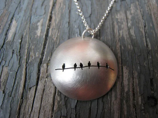 6 Birds on a Wire necklace, reversible sterling silver dome