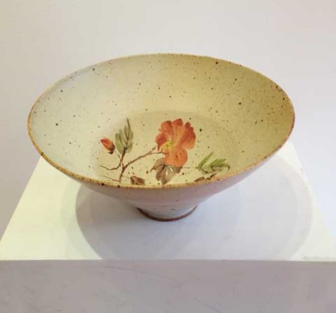 Bowl, stoneware, rhodes glaze ceramic transfer, 5" x 10"