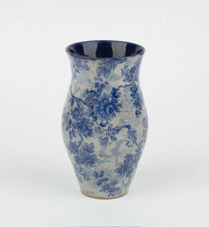 Aegean Blue with blue transfer vase, ceramic, 7½"