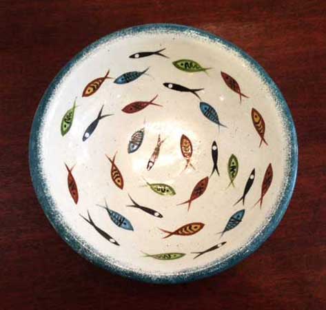 Multifish fruit bowl, ceramic, 3¾" x 10½" x 10½", $125
