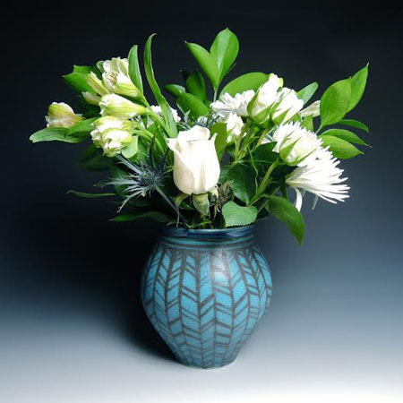 Turquoise Herringbone Vase, porcelain, 6" x 5", $85