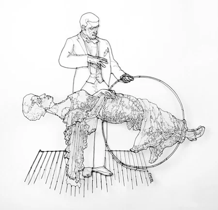 Performing a Levitation Illusion, painted steel wire, 25½" x 25" x 2", sold