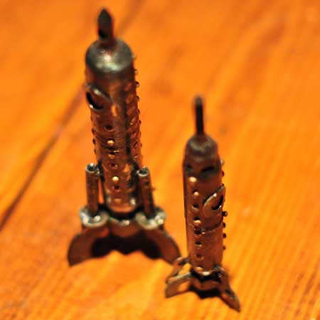 Tom Thumb Class Rockets, CO2 cartridges, metal hardware, left 7" x 3" x 3", right 6" x 2" x 2", $75-$85 each