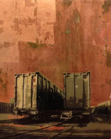 Boston Train Yard Copper, spraypaint, copper leaf with six-layer handcut stencil on panel, 34" x 28", sold