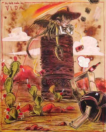 No vale nada la vida, acrylic, colored pencil, pastel, coffee-stained paper, 11¾" x 9½", $1,200