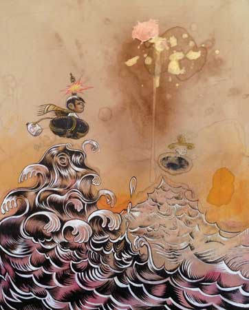 Olas, acrylic, colored pencil, coffee-stained paper, 15½" x 13¼" framed, $1,500