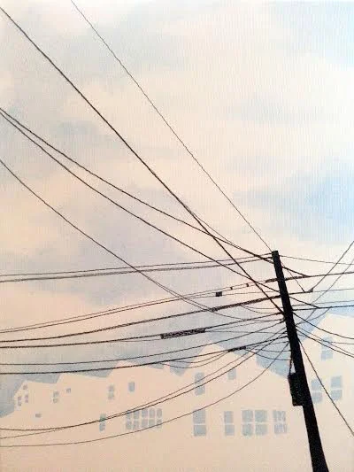 Escharre, acrylic, thread, gouache on canvas, 16" x 12", sold