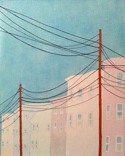 Pastel Street, acrylic, thread, gouache on canvas, 20" x 16"