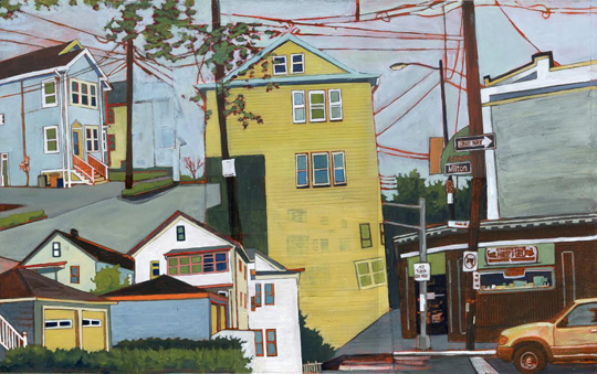 Milton and Lake Streets, acrylic and graphite over collage on panel, 13½" x 21½", sold