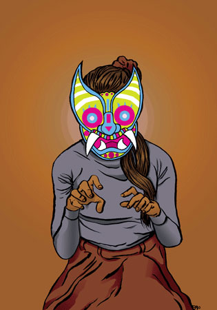 80's Death Mask 2, pen and ink with digital colorization on archival paper 20" x 16" matted, $100 20½" x 16½" framed, $200