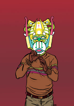 80's Death Mask 4, pen and ink with digital colorization on archival paper 20" x 16" matted, $100 20½" x 16½" framed, $200