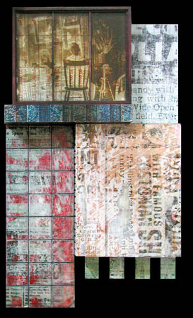 2nd Hand, wood, masonite, acrylic paint, acrylic medium, collage, screenprinting, glass negative, 13½" x 8" x 3"