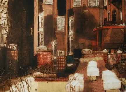 Reverberations in an Urban Courtyard (10/100), collagraph with silk aquatint, 30” x 38” framed, $900