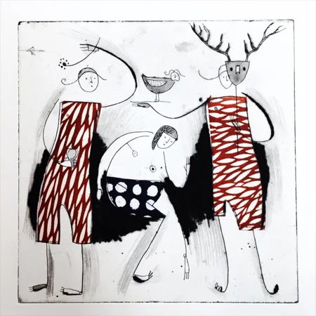 Deer Mask, etching, drypoint, chine-collé, 15" x 12¼" framed $325