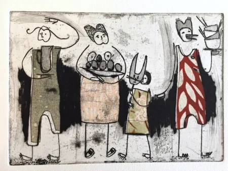 Pitcher, Eggs, Mask, Bowls , etching, drypoint, chine-collé, 12¾" x 16½" framed $325
