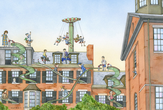 The Roof Top Playgrounds of Beacon Hill, watercolor on paper, 12" x 18", archival digital print also available