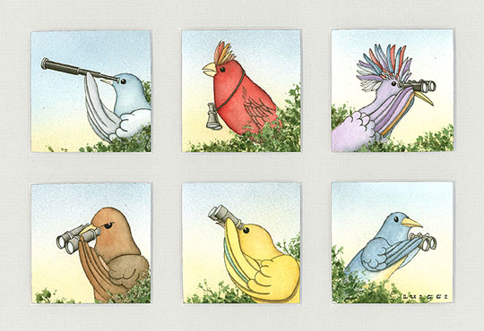 Birdwatchers II, watercolor on paper, 6 panels in a 13" x 17" frame , $750, archival digital print available, 11" x 14", $130