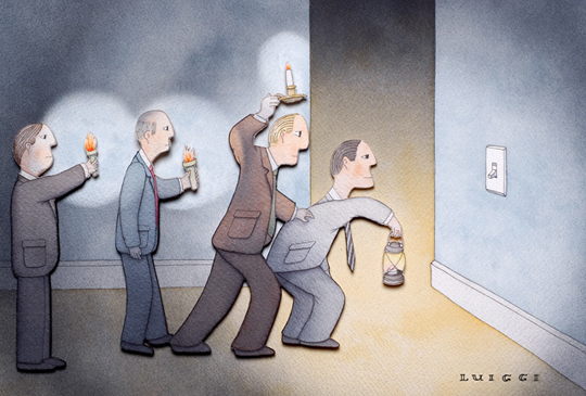 Man Discovers Electricity, watercolor on paper with cutout, 16" x 20" framed, archival digital print available, 11" x 14", $130
