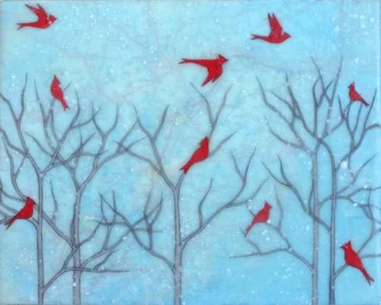 Cardinal Party, gouache and encaustic on rice paper mounted on board, 8" x 10"original sold, print with encaustic on board available, 4" x 4", $35