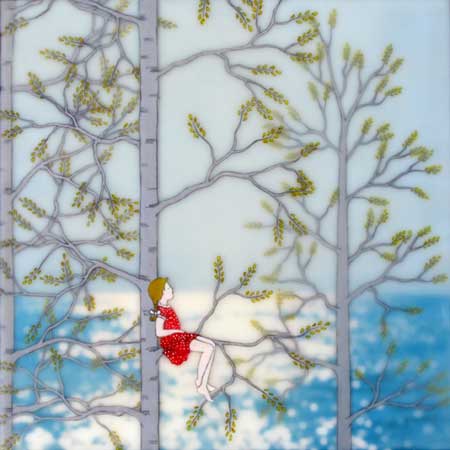 By the Lake , gouache, encaustic, photograph on rice paper mounted on board, 12" x 12", original sold, print with encaustic on board available, 4" x 4", $35