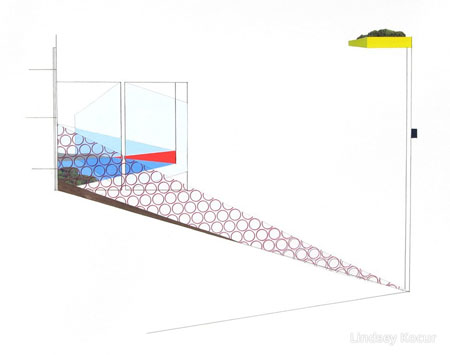 Case Study House #33, acrylic, ink, collage, acetate, with wood veneer on paper, 15" x 19" framed , $375