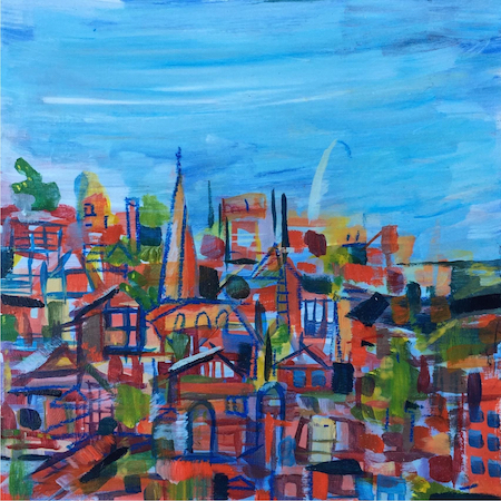 The South Side , acrylic and wax crayon on panel, 8" x 8", sold