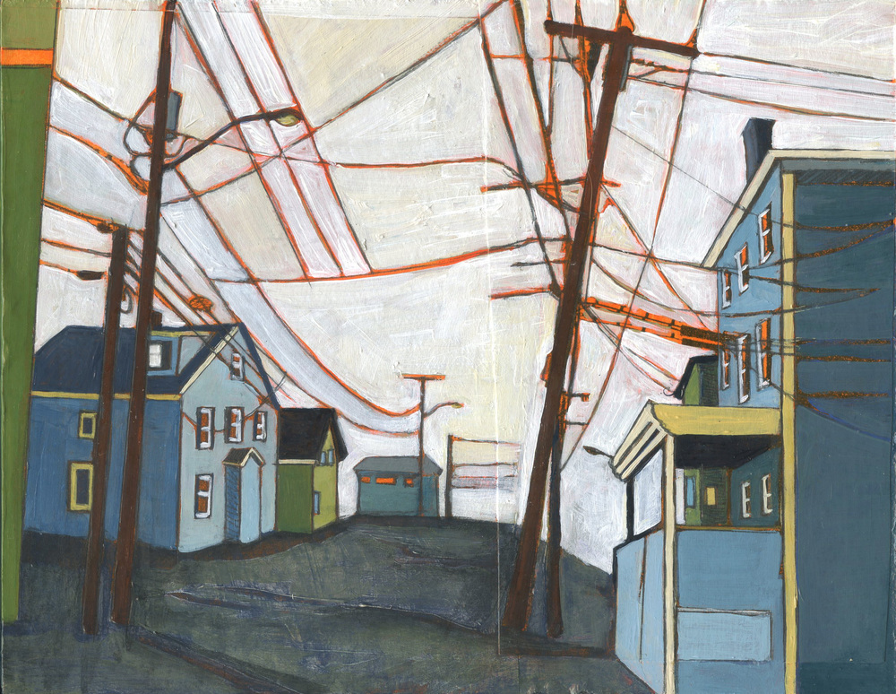 To Goat Hill Via School Street, Stacey Durand, acrylic and graphite over collage on panel, 7" x 9", sold