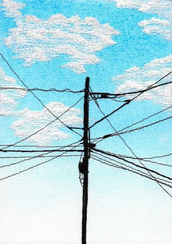 Cerulean, acrylic, thread, embroidery floss on canvas, 7 1/2" x 5 3/4", sold