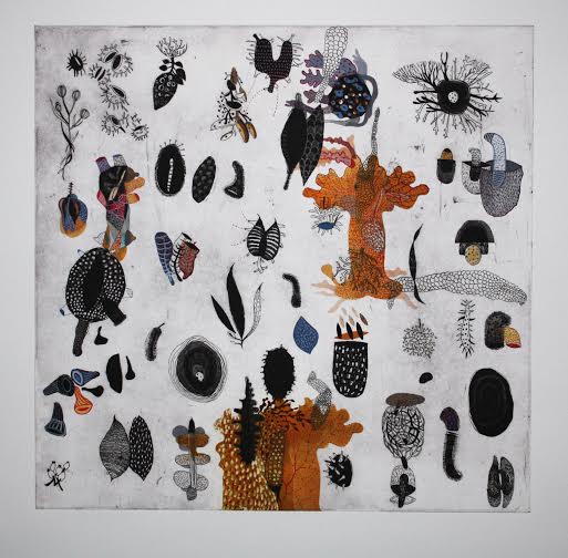 Seeds , etching, aquatint and gouache on paper, 17" x 17"