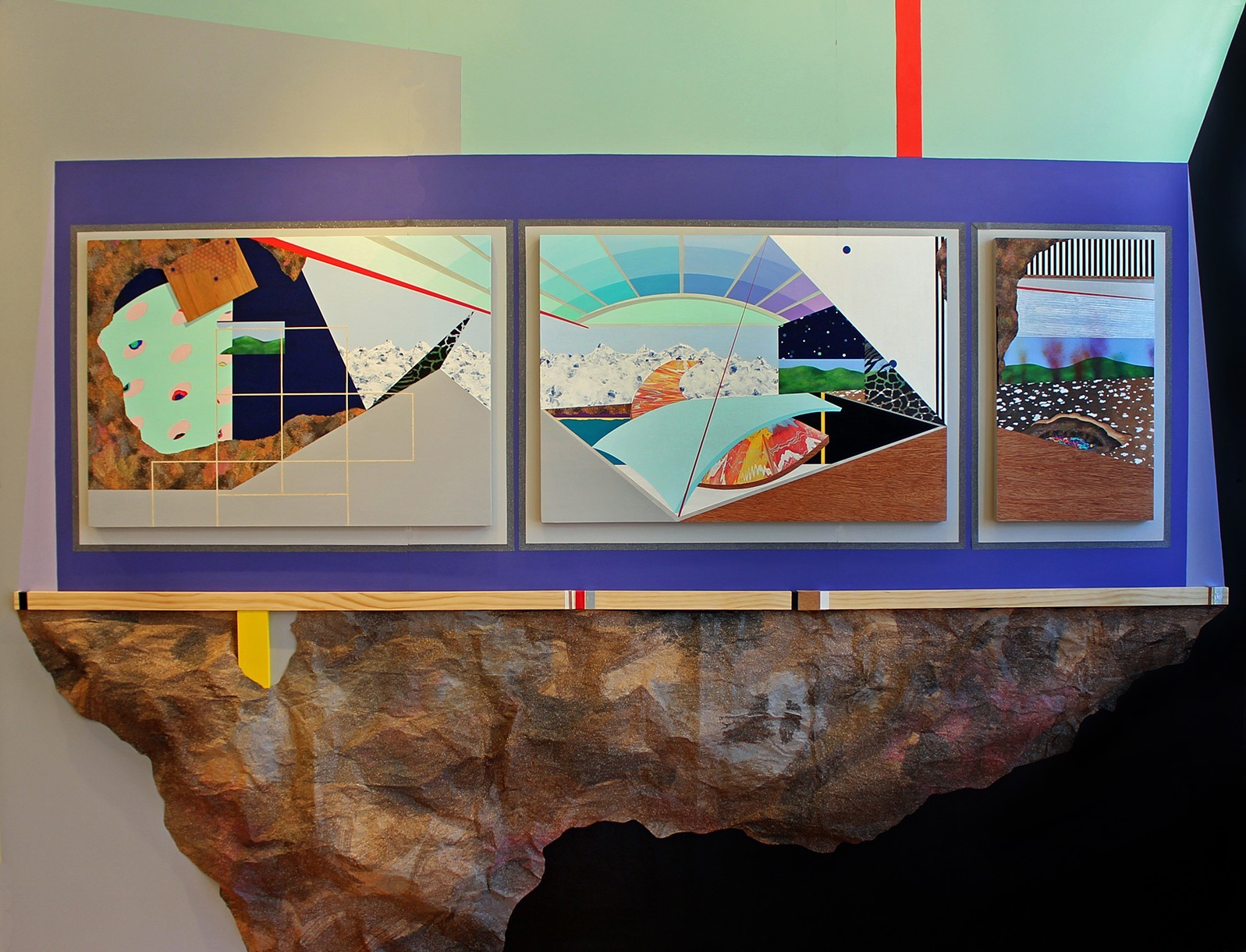 Unsparing Change, Triptych: acrylic, acryla-gouache, latex, spray paint, ink, wood laminate, acetate, and glitter on wood panel Backdrop: latex, spray paint, paper, cork, tape, and wooden board on masonite panel, 7' x 9'