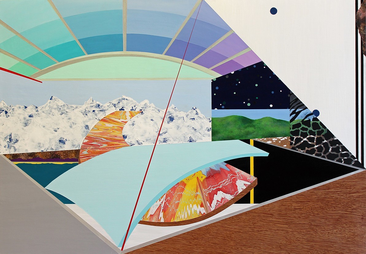 Unsparing Change 2, acrylic, acryla-gouache, latex, spray paint, ink, wood laminate, acetate, and glitter on wood panel, 24" x 34"