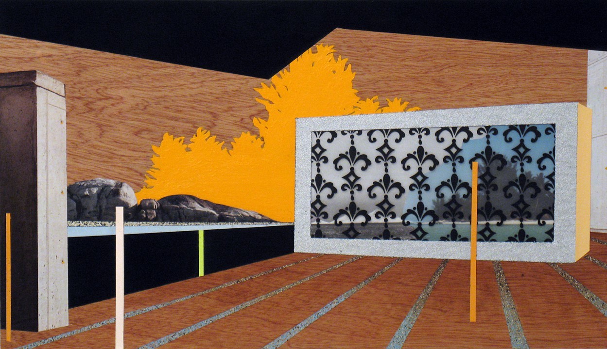 Tropi-Cali , acrylic, acryla-gouache, acetate, collage, and spray paint on wood panel, 11" x 19", $650