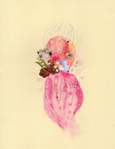 Lady Slipper, ink and found collage on paper, 11" x 8 1/2"