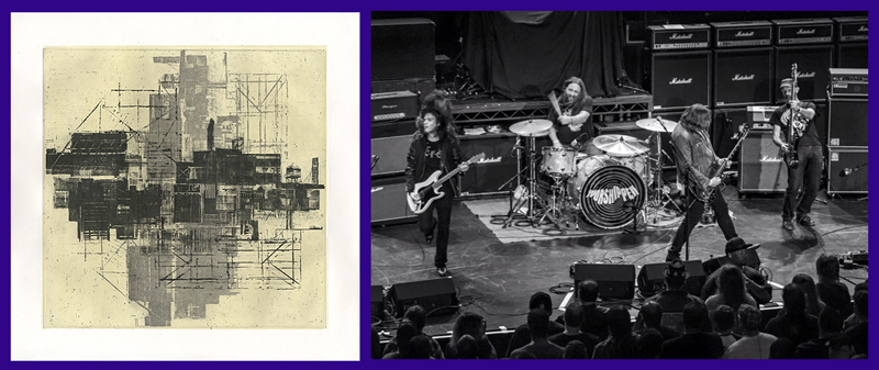 Bob Maloney, Cityscape Y + B, etching, 15" x 15" - Bob Maloney, bass player for "Best Metal Band" Worshipper