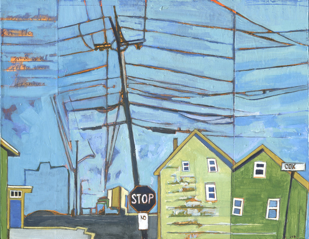 Cox Street Beverly, acrylic and graphite over collage on panel, 7" x 9", sold