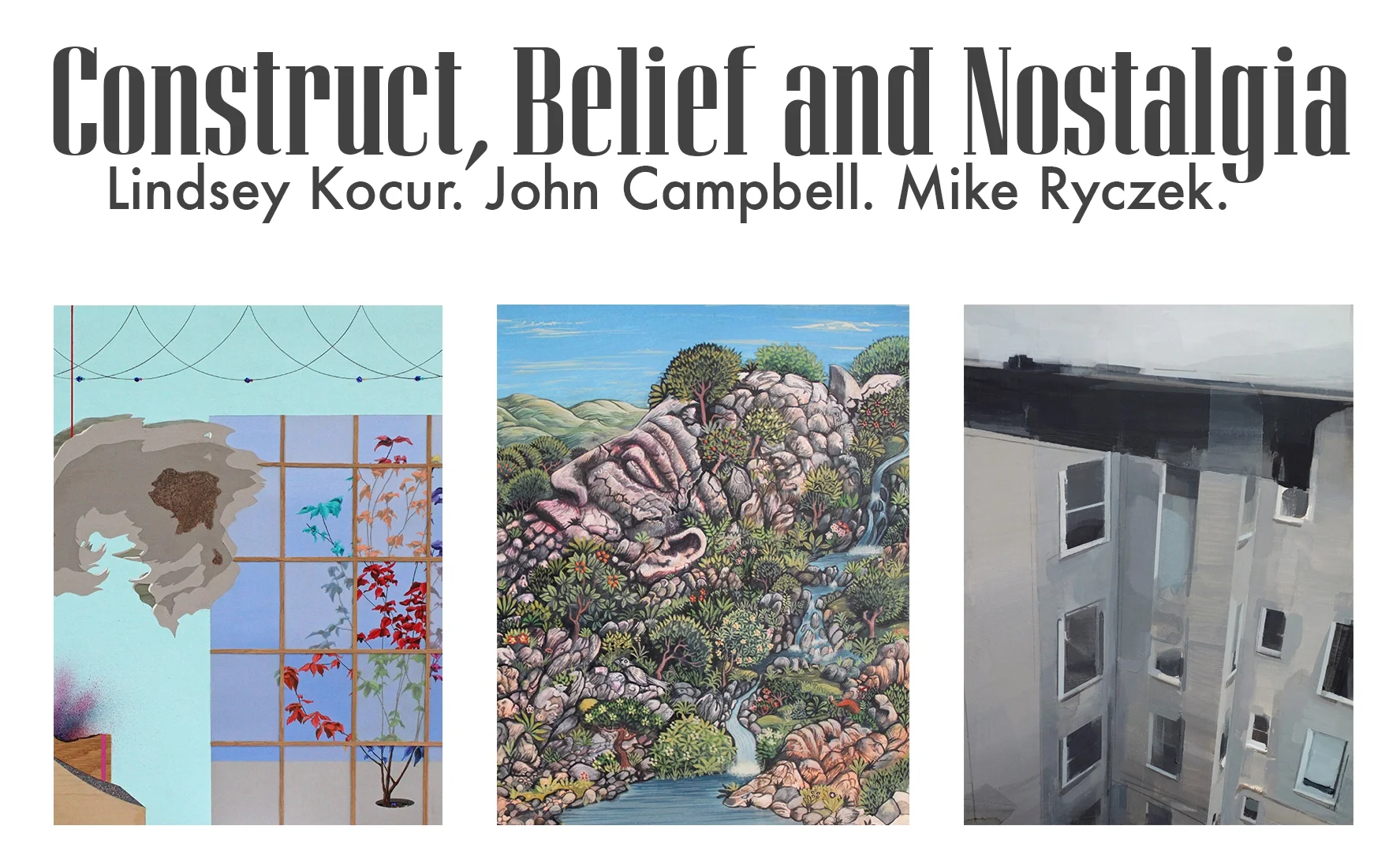 Above, left: Detail from Instant #4 , Lindsey Kocur, acrylic, ink, spray paint, wood laminate, acetate, mica and glitter on wood panel, center: Detail from Sleeping Giant , John Campbell, gouache on paper, right: Gestalt_2 (Brooklyn Misremembered) , Mike Ryczek, oil and pencil on masonite