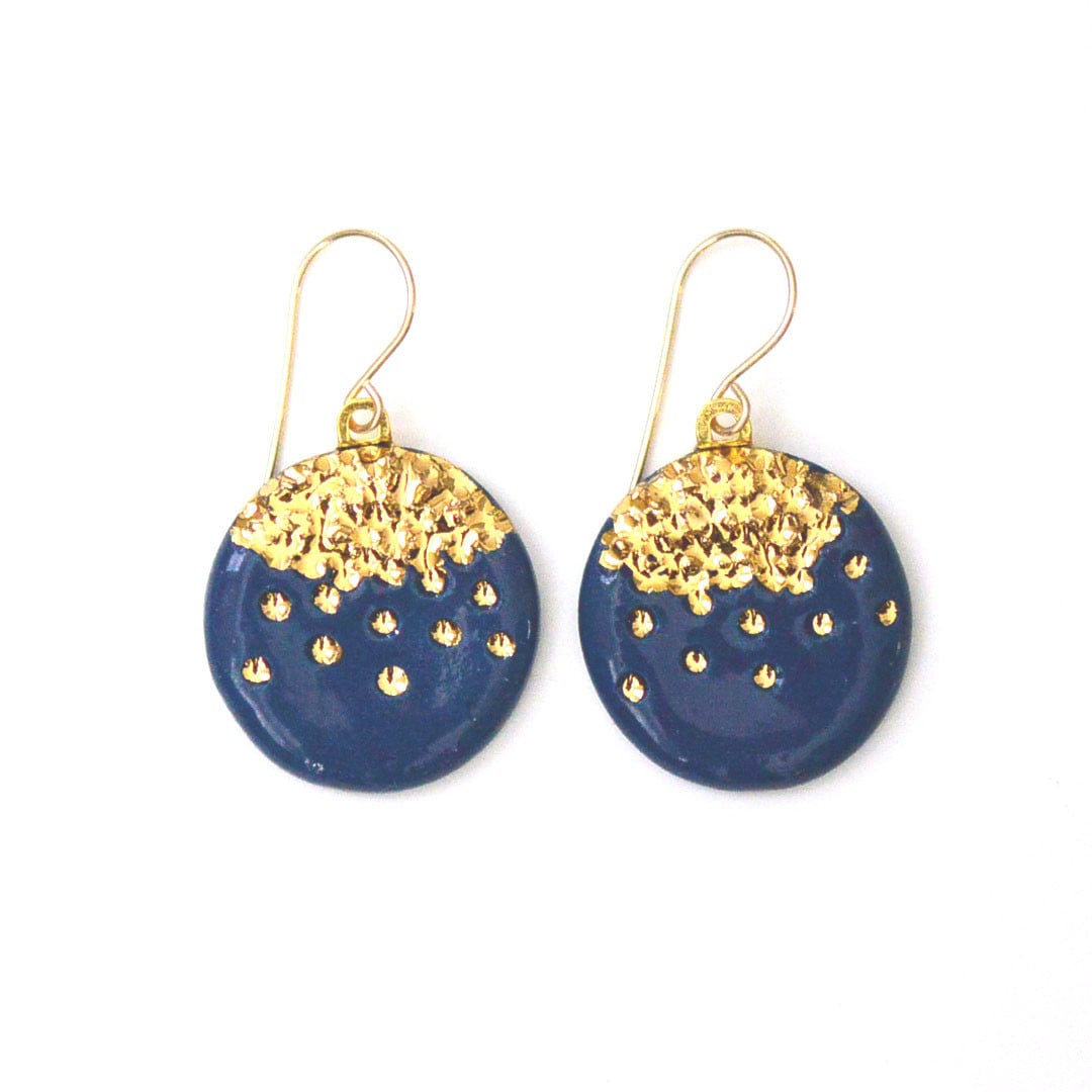 Navy Midnight Kiss Earrings, porcleain, 22k gold, $120