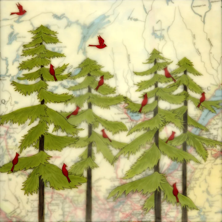 The Gathering , encaustic, rice paper, gouache and vintage map, mounted on birch panel with reclaimed beach fence frame, 12 1/2" x 12 1/2" framed, sold