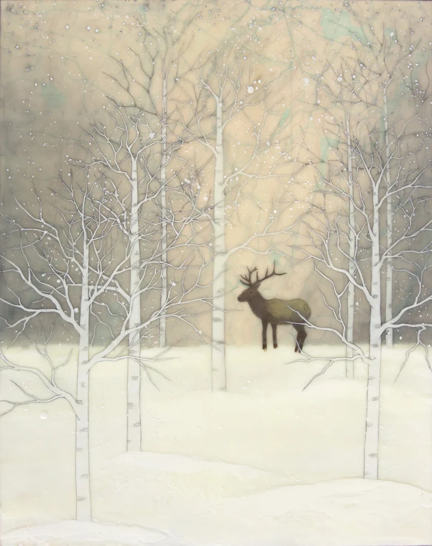Winter Elk , encaustic, rice paper, gouache, oil stick and map, mounted on birch panel with reclaimed beach fence frame, 20 1/2" x 16 1/2" framed, sold